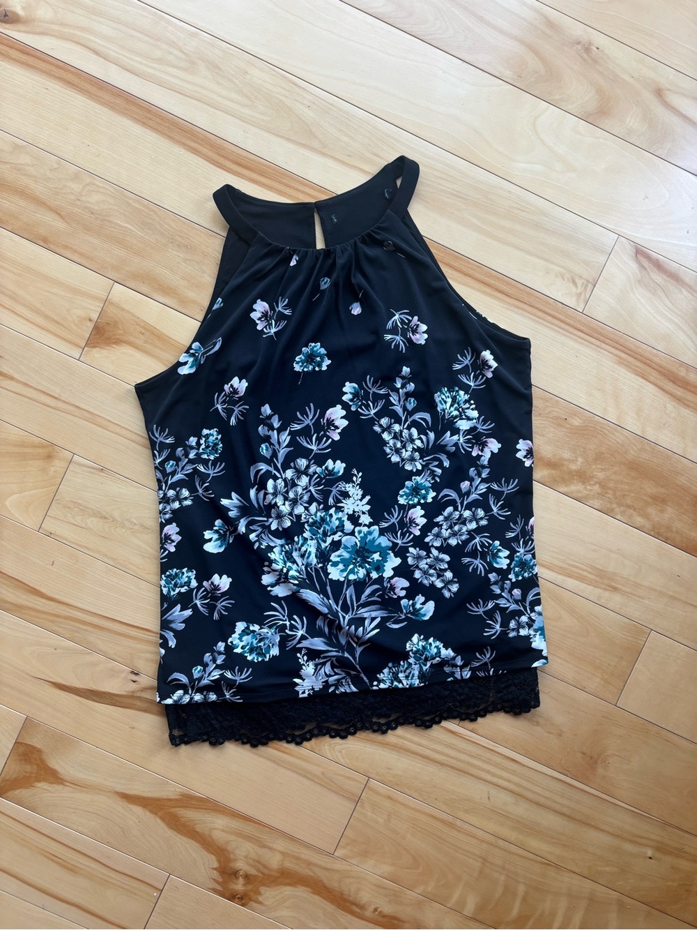 WHBM Women's Black Floral Halter Tank Top with Lace Trim